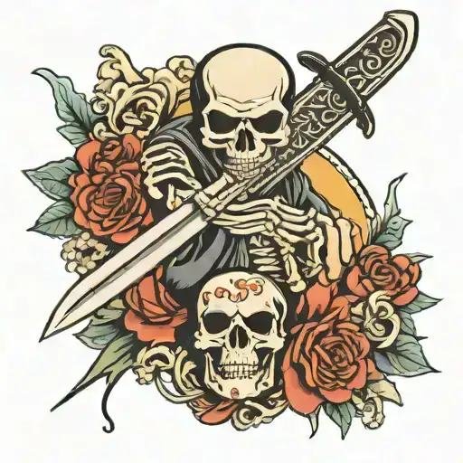 Katana sword, skeleton hand holding tattoo design idea