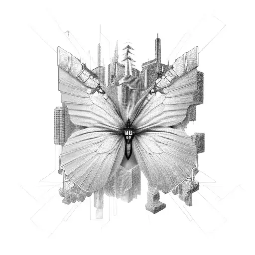 A 3D butterfly emerging from a cyberpunk cityscape tattoo design idea