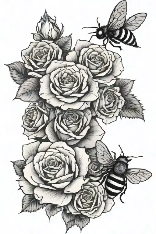 on left forearm 6 roses with 3 honey bees and a rosary resting on the back of left hand tattoo design idea