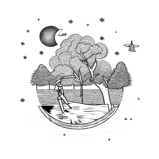 man laying against a tree by a river. Wind blowing around the man. Rocket launch in the background with moon and stars tattoo design idea