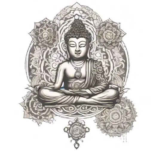 Buddhist motifs, large dot mandala in the background,  color tattoo design idea