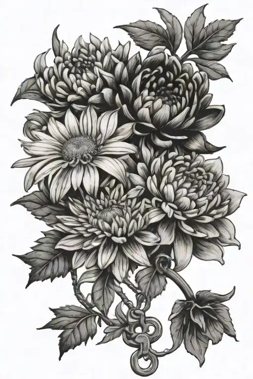 three chrysanthemums flowers and a daisy and a scorpion and a lock & key  tattoo design idea