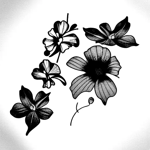 bouquet with violet, morning glory, cosmos, larkspur  tattoo design idea