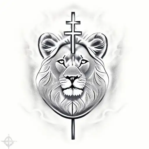 Christian Cross with lion on top clouds on one side rain on other side tattoo design idea