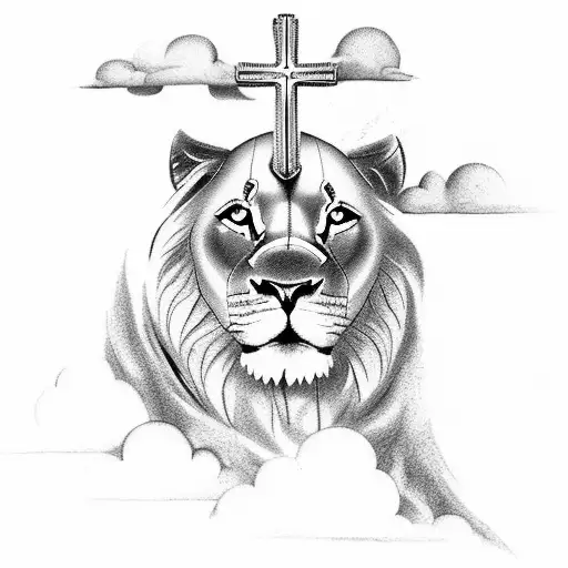 Christian Cross with lion on top clouds on one side rain on other side tattoo design idea