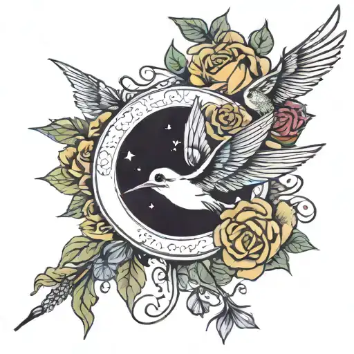crescent moon, rose intertwined, and hummingbird feeding tattoo design idea
