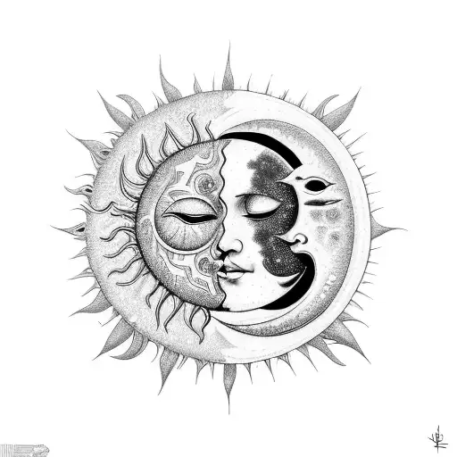 A celestial sun and moon embracing each other in a loving embrace tattoo design idea