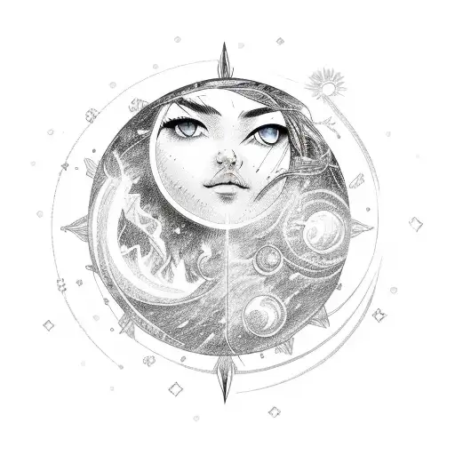 sun moon kissing , fire water, celestial library,  tattoo design idea