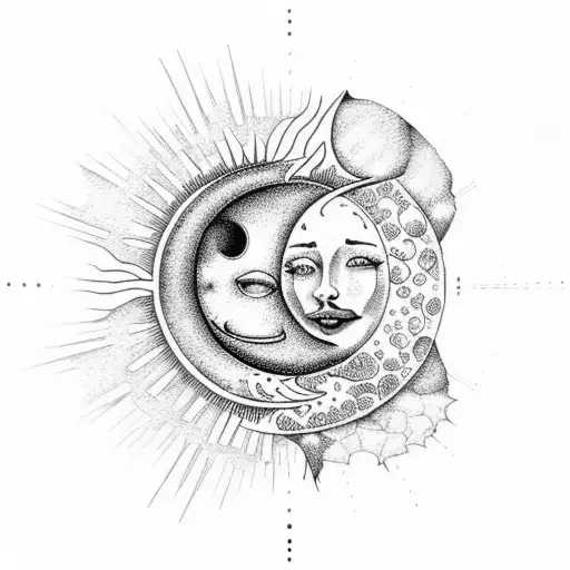 A whimsical nature scene with a sun and moon kissing in a dotwork style tattoo design idea