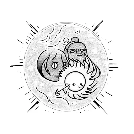 Sun and moon kissing over a book with water and fire elements tattoo design idea