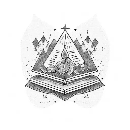 A dotwork tattoo of a celestial library, with books and elements of nature intertwined tattoo design idea