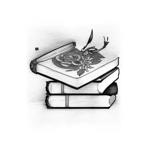 A stack of books with a romantic matching tattoo design on the spines tattoo design idea