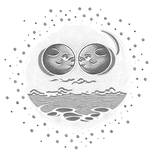 A dotwork design of a sun and moon kissing above a burning book floating on water, symbolizing the teacher's passion for knowledge tattoo design idea