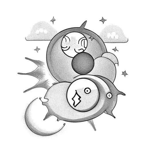 A whimsical library scene with a sun and moon kissing in a black-grey style tattoo design idea