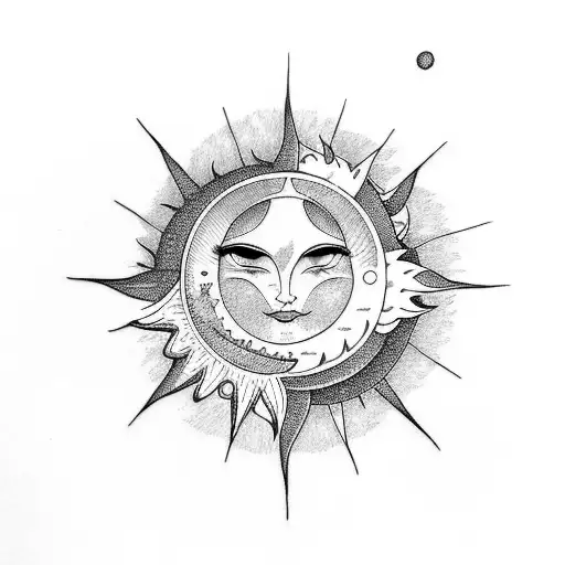 A whimsical blackwork tattoo depicting a sun and moon in an enchanting dance tattoo design idea