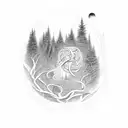Mystical forest intertwined with elegant script tattoo design idea