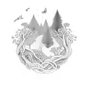 Mystical forest intertwined with elegant script tattoo design idea