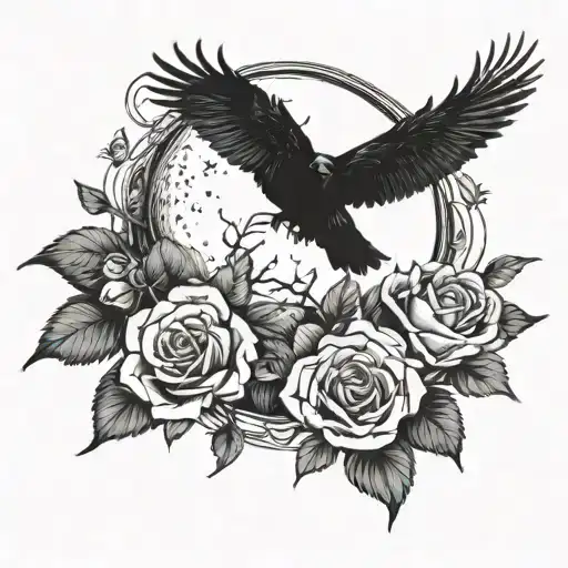 A raven flying straight at me, roses and an inverted moon around it tattoo design idea