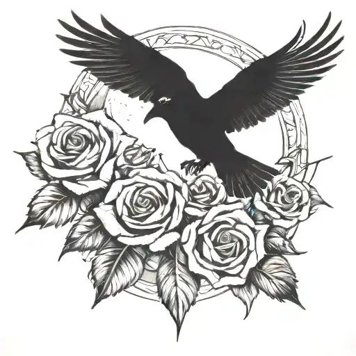 A raven flying straight at me, roses and an inverted moon around it tattoo design idea