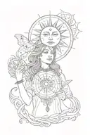 Two tarot cards, the sun and the moon, held by a girl's hand with a grin, small moths are flying from below and there is another eye tattoo design idea