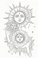 Two tarot cards, the sun and the moon, held by a girl's hand with a grin, small moths are flying from below and there is another eye tattoo design idea