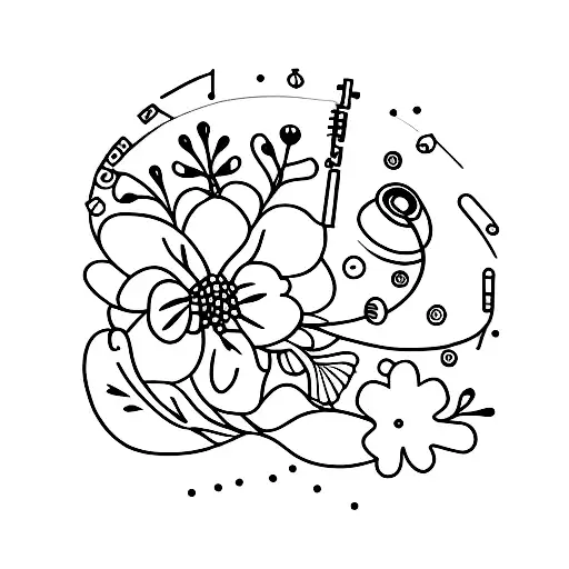 A minimalist tattoo of a clarinet surrounded by flowers tattoo design idea