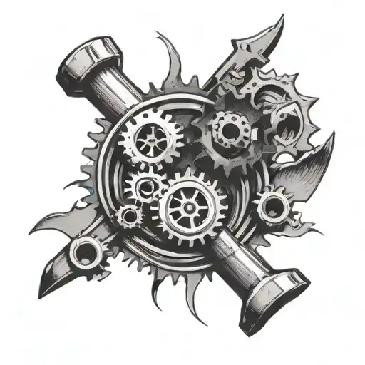 Racing flags intertwined with wrenches and gears, with a subtle Volvo 240 emblem tattoo design idea