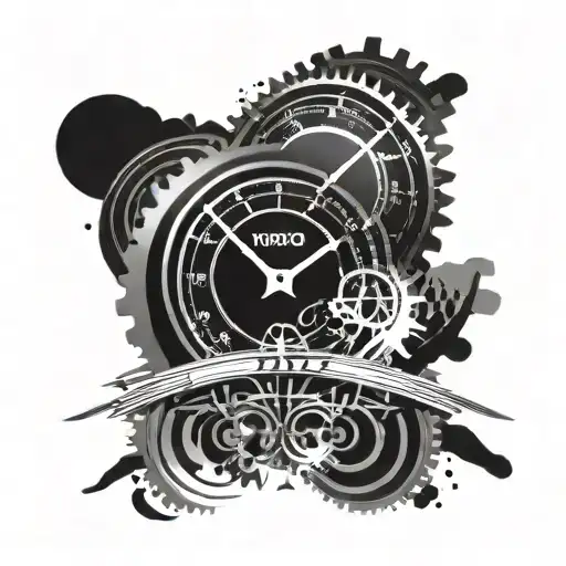 Abstract composition of speedometer dial morphing into a rallycross track, with a Volvo 240 silhouette in the center tattoo design idea
