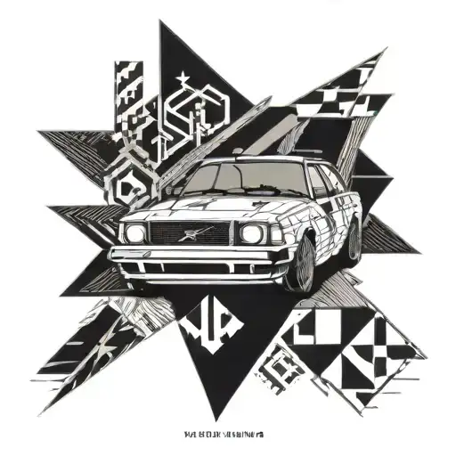 Abstract geometric design incorporating elements of rallycross and Volvo 240 tattoo design idea
