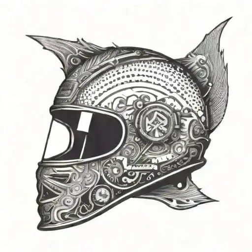 Intricate design of a motor racing helmet with a Volvo 240 emblem on the visor tattoo design idea