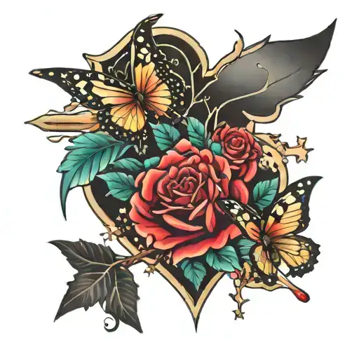 roses, 3 butterflies, puzzle shaped heart, stars, sword, Japanese cherry blossoms tattoo design idea