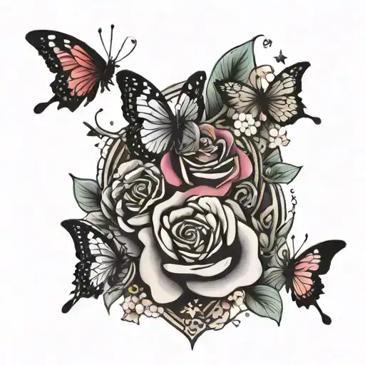 roses, 3 butterflies, puzzle shaped heart, stars, sword, Japanese cherry blossoms, gone but never forgotten tattoo design idea