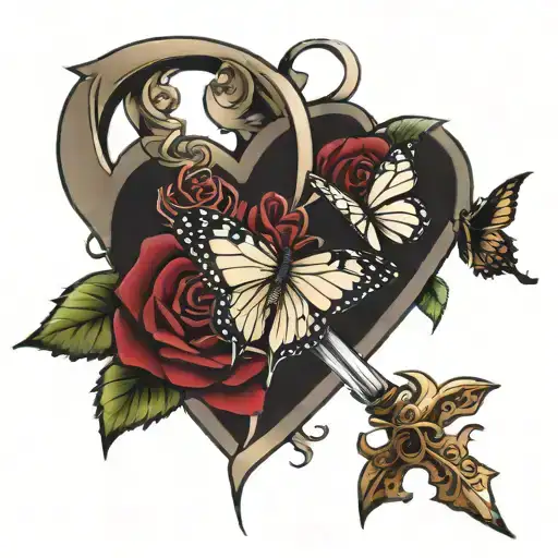 roses, 3 butterflies, puzzle shaped heart, stars, sword, gone but never forgotten tattoo design idea