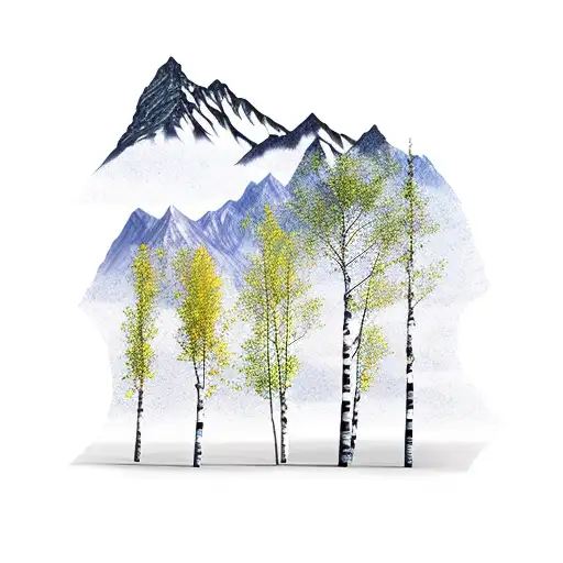 birch tree with 3 trunks and mountains in background tattoo design idea
