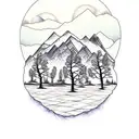birch tree with 3 trunks and mountains in background tattoo design idea