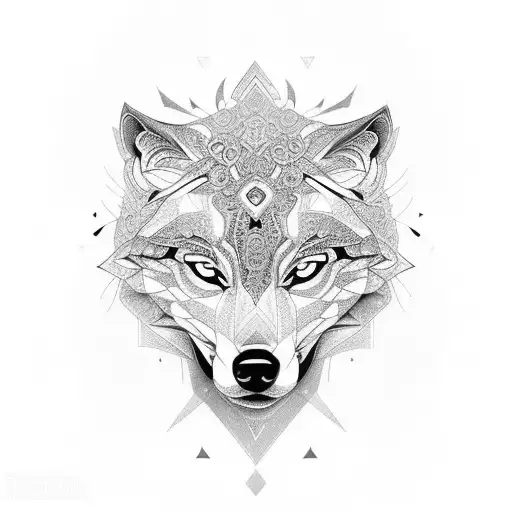 An intricate design of a wolf's face with geometric patterns incorporated in a black-grey style tattoo design idea