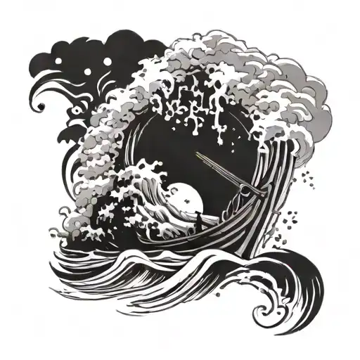 A tsunami wave crashing over a boat with Poseidon's trident emerging from the water, symbolizing strength and power tattoo design idea