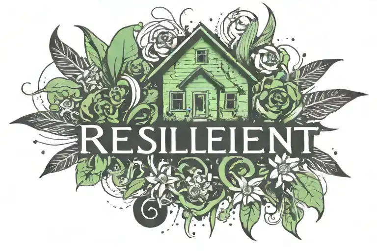 the word resilient with iris flowers, green mist, and a old broken down house tattoo design idea
