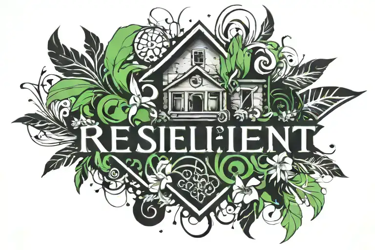 the word resilient with iris flowers, green smoke, and a old broken down house tattoo design idea