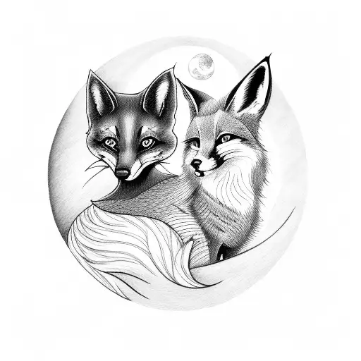 Cat and fox behind full moon tattoo design idea