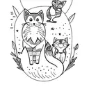 Cat and fox behind full moon tattoo design idea