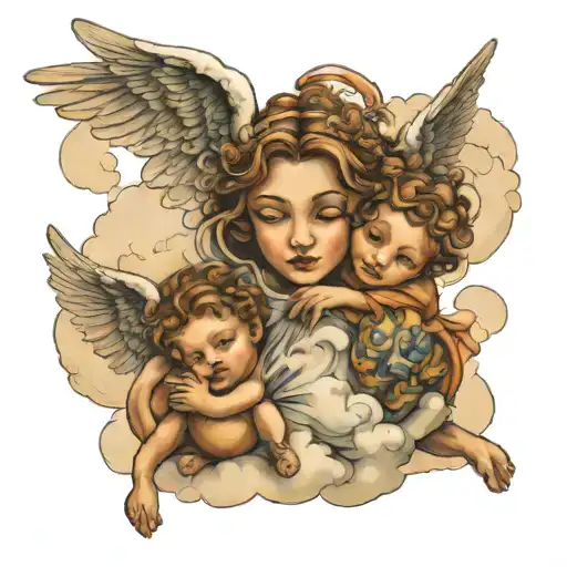 angel with two children in clouds surrounding tattoo design idea