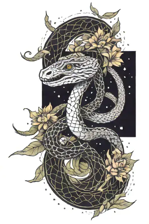 A cosmic serpent coiled around a galaxy, blending the client's love for snakes and cosmos flowers in a unique way tattoo design idea