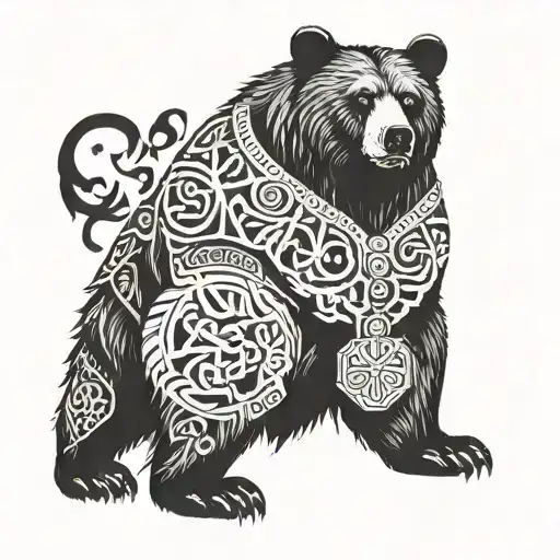 A bear adorned with Viking runes and symbols tattoo design idea