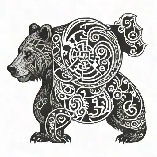 A bear adorned with Viking runes and symbols tattoo design idea