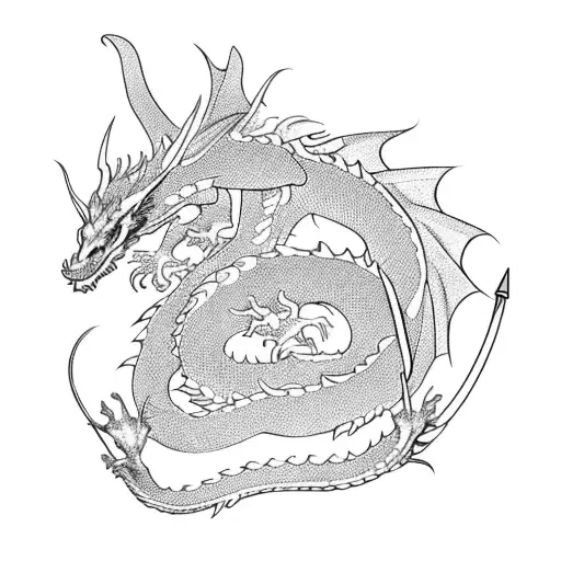dragon with sword and fairies tattoo design idea