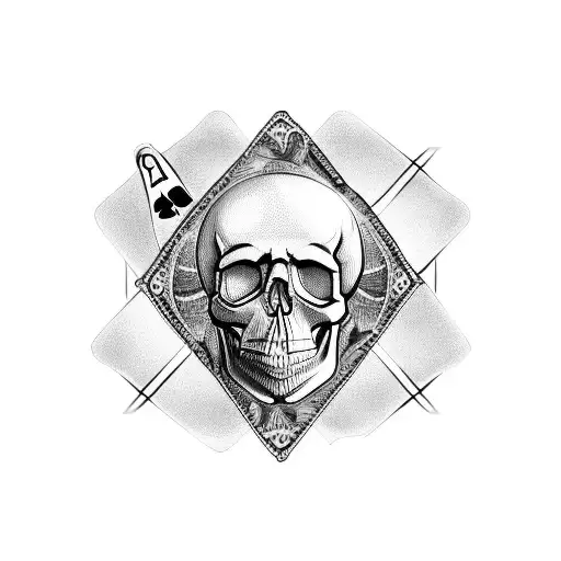 skull, dollars, 3 poker cards, dice and cross tattoo design idea