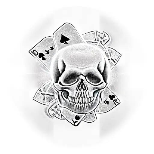 skull, dollars, 3 poker cards, dice and cross tattoo design idea