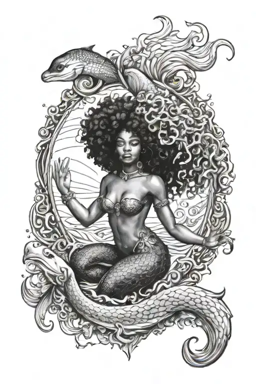 beautiful black mermaid with afro surrounded by the ocean tattoo design idea