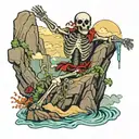 skeleton dancing off cliff overlooking the ocean tattoo design idea